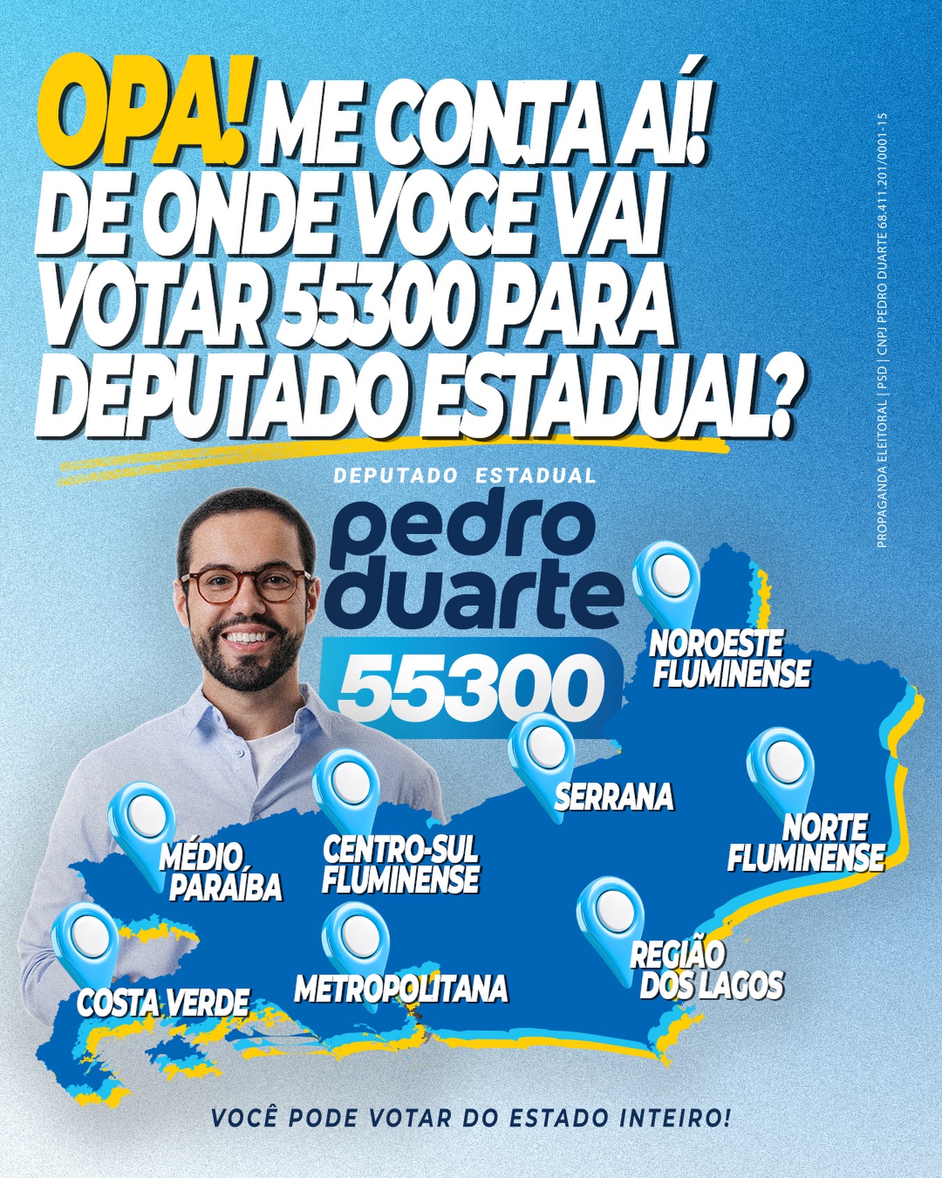 Você pode votar no 55300 de todo o estado do RJ! Já é domingo agora e conto com vocês para podermos fazer o que é certo na ALERJ. Vqv! Compartilhe com os amigos! E me conta: vai votar de onde? 😉🚀